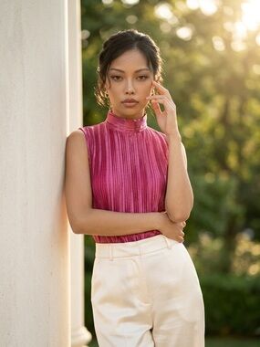 Vintage Nicola Sexy Pink Satin Pleated Stretchy Sleeveless Blouse Tank Barbie